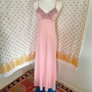 Vintage 70s Pink Lace Maxi Slip Dress USA Made XS